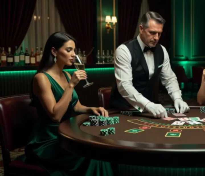 Cinematiczne oświetlenie i ambientowa scenografia podczas blackjack show