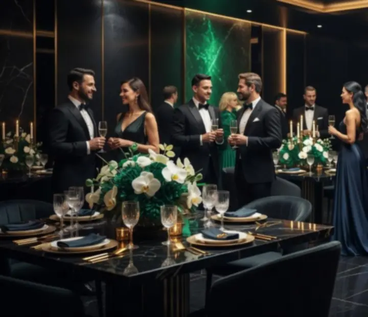 Eleganckie przyjęcie z gośćmi przy stołach podczas wieczoru rozrywki Aleksandra Bou Karam