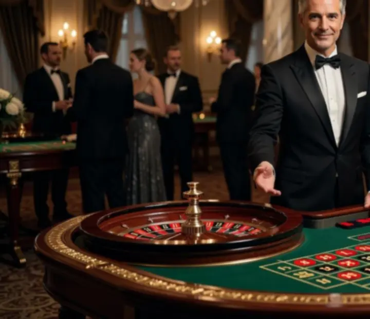 Elegancki krupier prowadzący rozrywkowy wieczór przy stole do gry