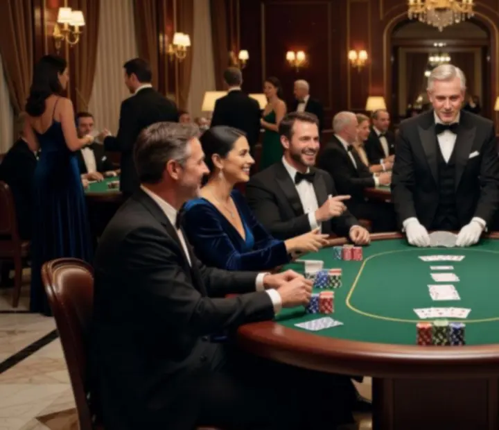 Atmosfera przy stołach pokerowych podczas eleganckiego eventu