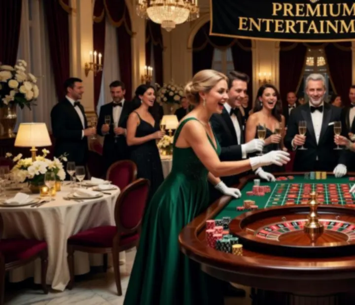 Strefa ruletki na eleganckim evencie firmowym z gośćmi przy stołach